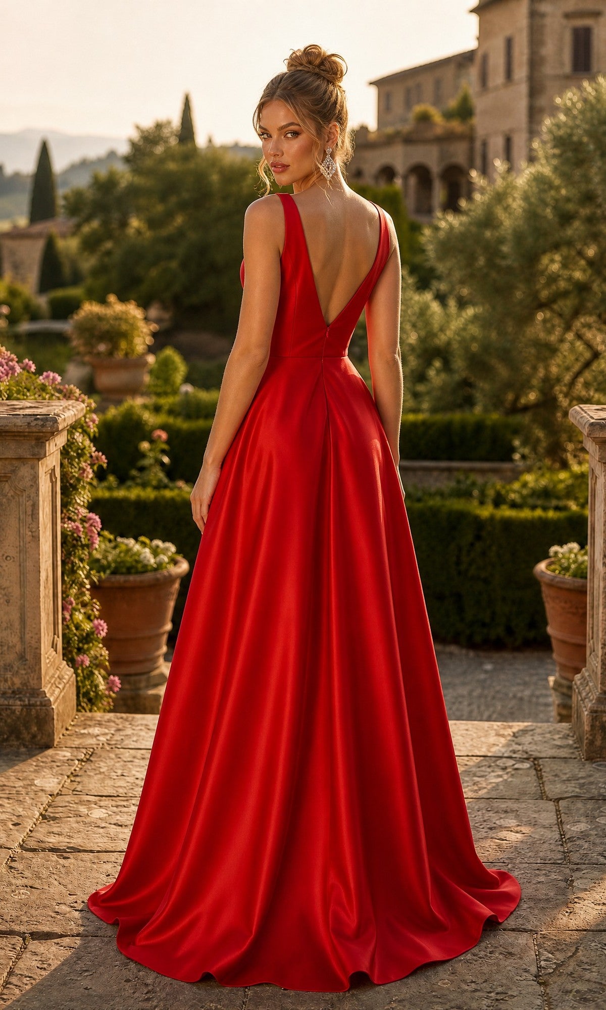 Wearing the Long Prom Dress: Chicas C9188—a sleeveless, fitted red satin gown with a deep V-back—a woman stands outdoors on a stone pathway surrounded by greenery and large potted plants.